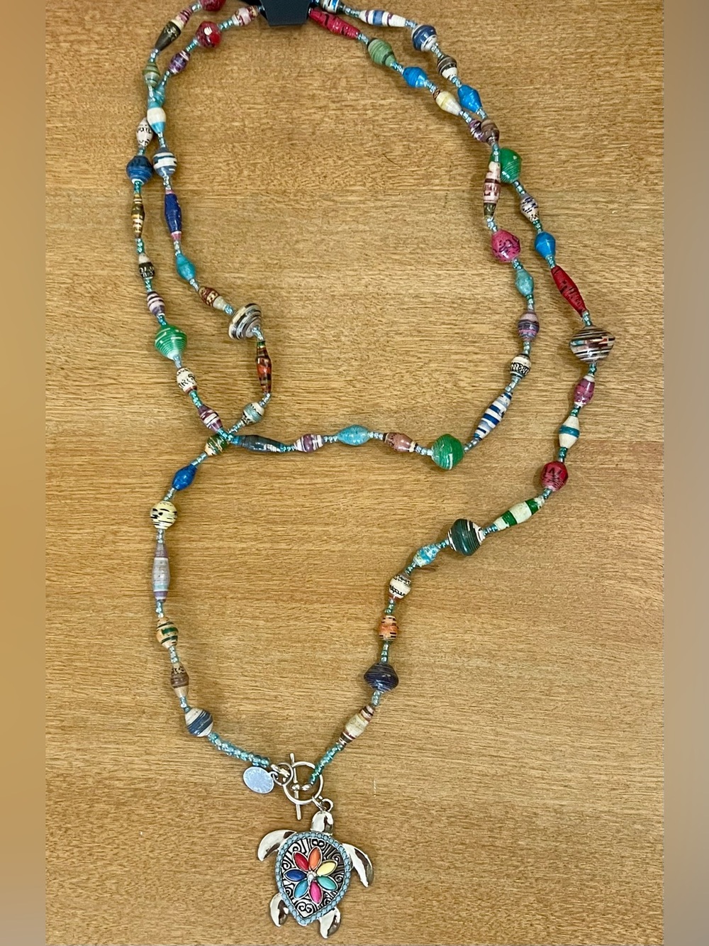 Hand Crafted Multicolor Beaded Necklace with Turtle Pendant - Picture 2 of 5